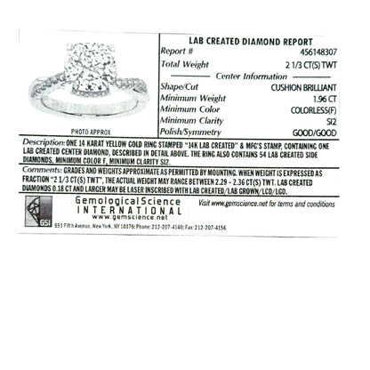 14K Yellow Gold Lab Grown Diamond Engagement Ring 1.96 CTW Cushion Cut