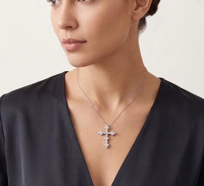 10K White Gold Diamond Cross Pendant Necklace 0.50 CTW, Dainty Round-Cut