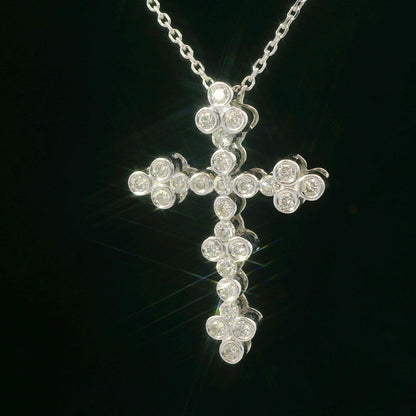 10K White Gold Diamond Cross Pendant Necklace 0.50 CTW, Dainty Round-Cut