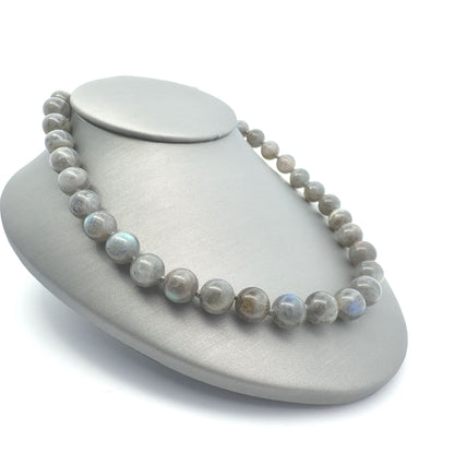 925 Sterling Silver Labradorite Beaded Necklace, 8mm Round Knotted Strand