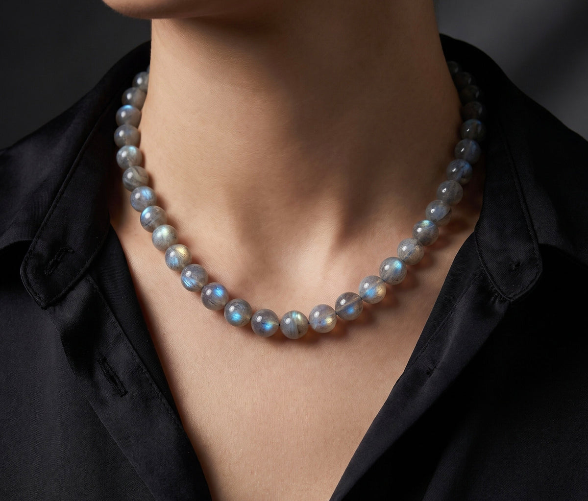 925 Sterling Silver Labradorite Beaded Necklace, 8mm Round Knotted Strand