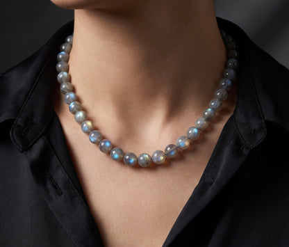 925 Sterling Silver Labradorite Beaded Necklace, 8mm Round Knotted Strand