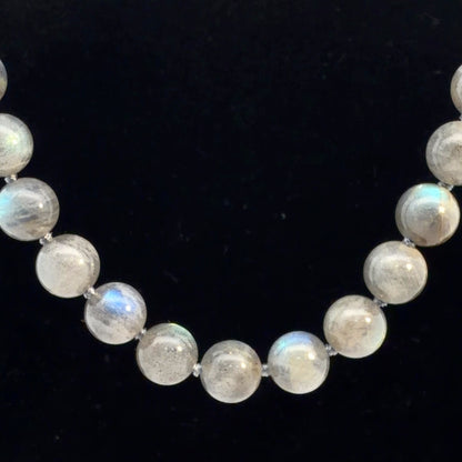 925 Sterling Silver Labradorite Beaded Necklace, 8mm Round Knotted Strand
