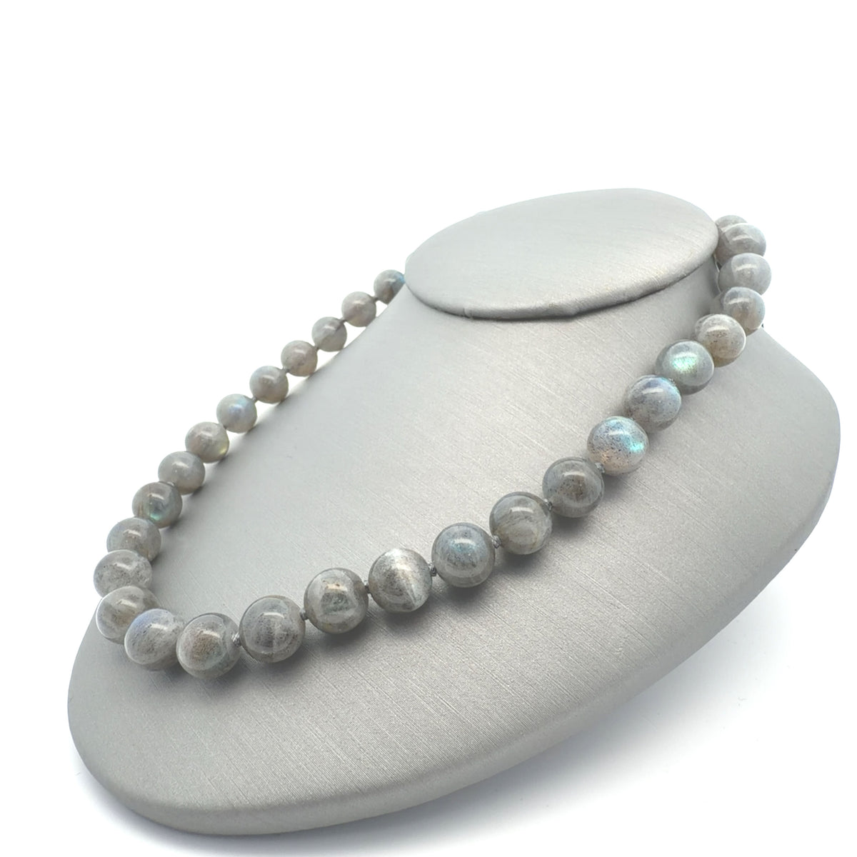 925 Sterling Silver Labradorite Beaded Necklace, 8mm Round Knotted Strand