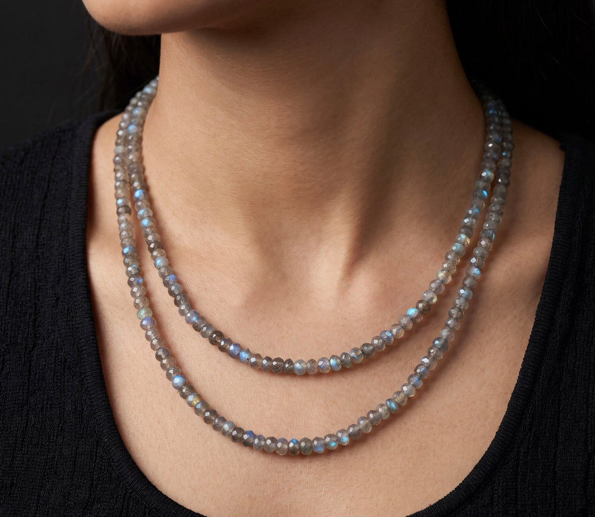 925 Sterling Silver Double Strand Faceted Labradorite Beaded Necklace