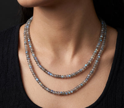 925 Sterling Silver Double Strand Faceted Labradorite Beaded Necklace