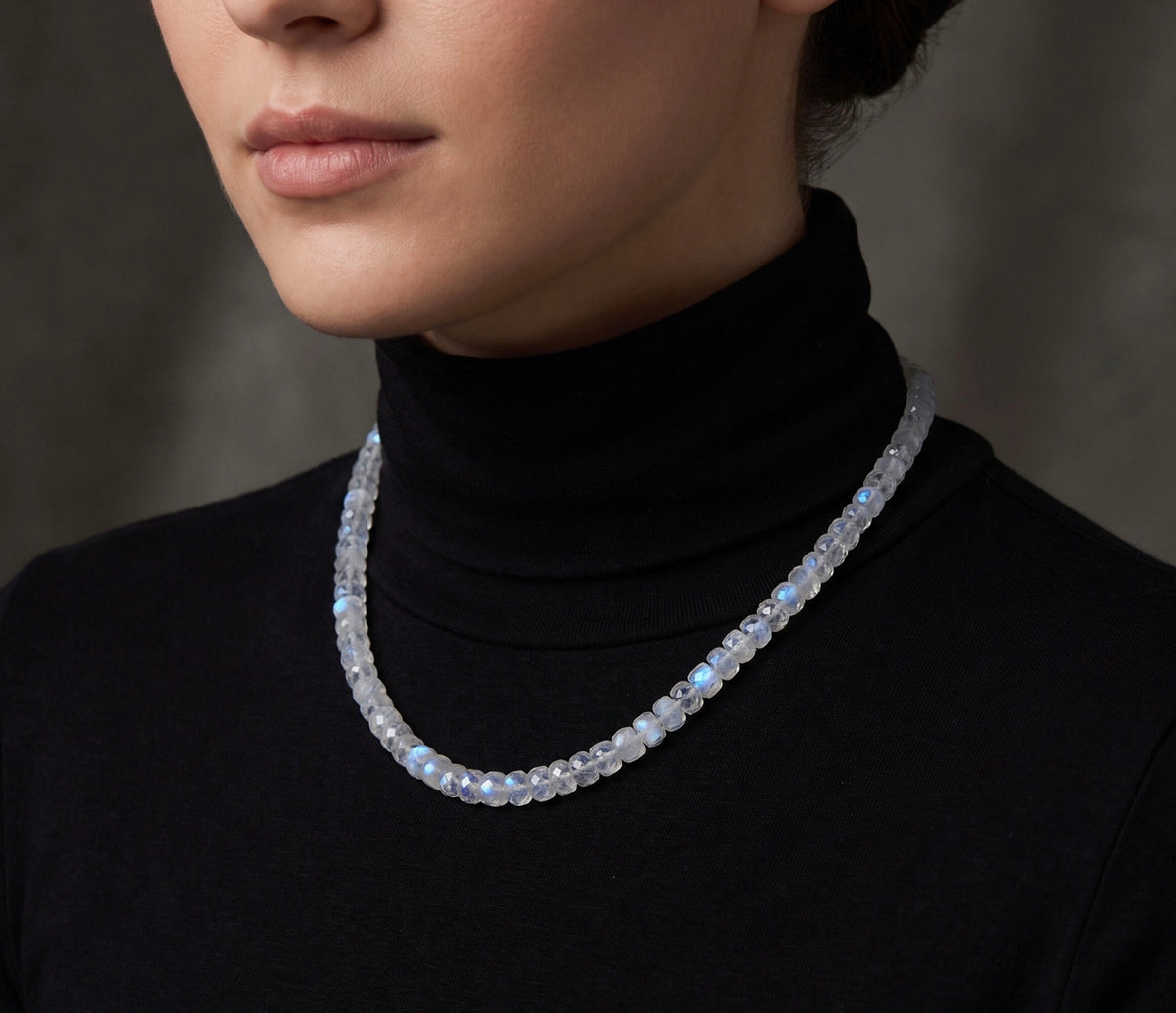 Faceted Rainbow Moonstone Necklace, Knotted with Sterling Silver Clasp