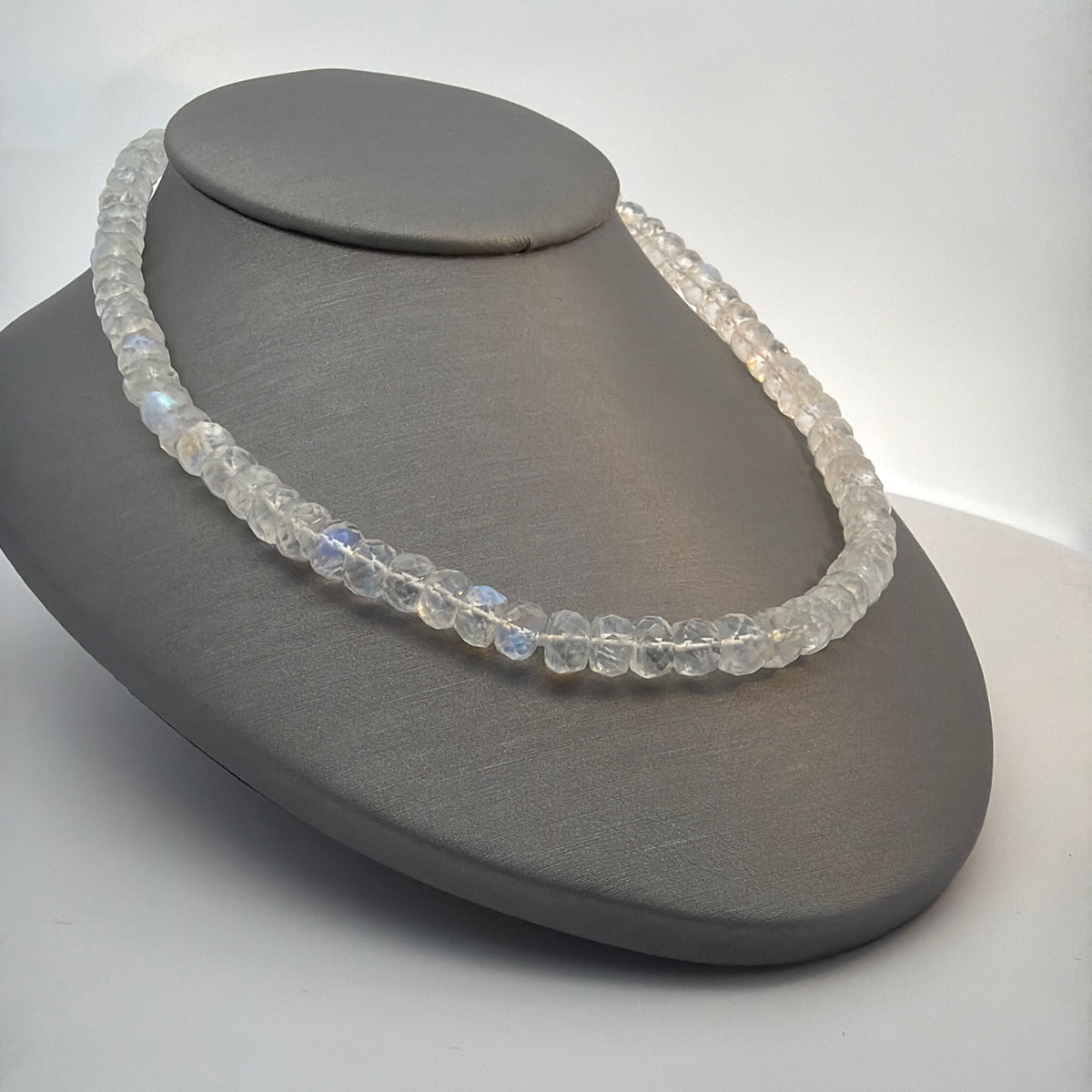 Faceted Rainbow Moonstone Necklace, Knotted with Sterling Silver Clasp