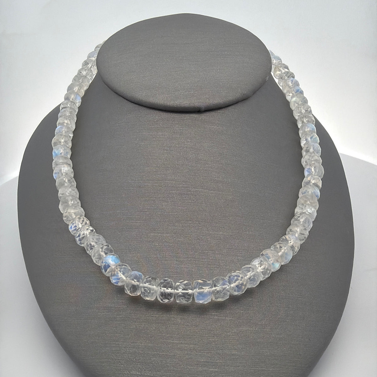 Faceted Rainbow Moonstone Necklace, Knotted with Sterling Silver Clasp