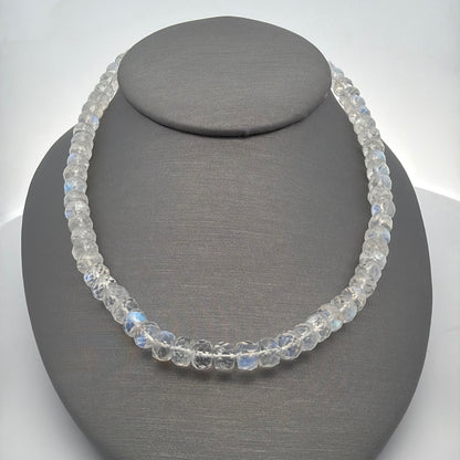 Faceted Rainbow Moonstone Necklace, Knotted with Sterling Silver Clasp