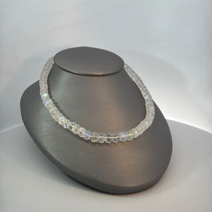 Faceted Rainbow Moonstone Necklace, Knotted with Sterling Silver Clasp