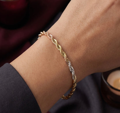 18K Tri-Color Gold Italian Rope Chain Bracelet, Polished & Timeless Classic