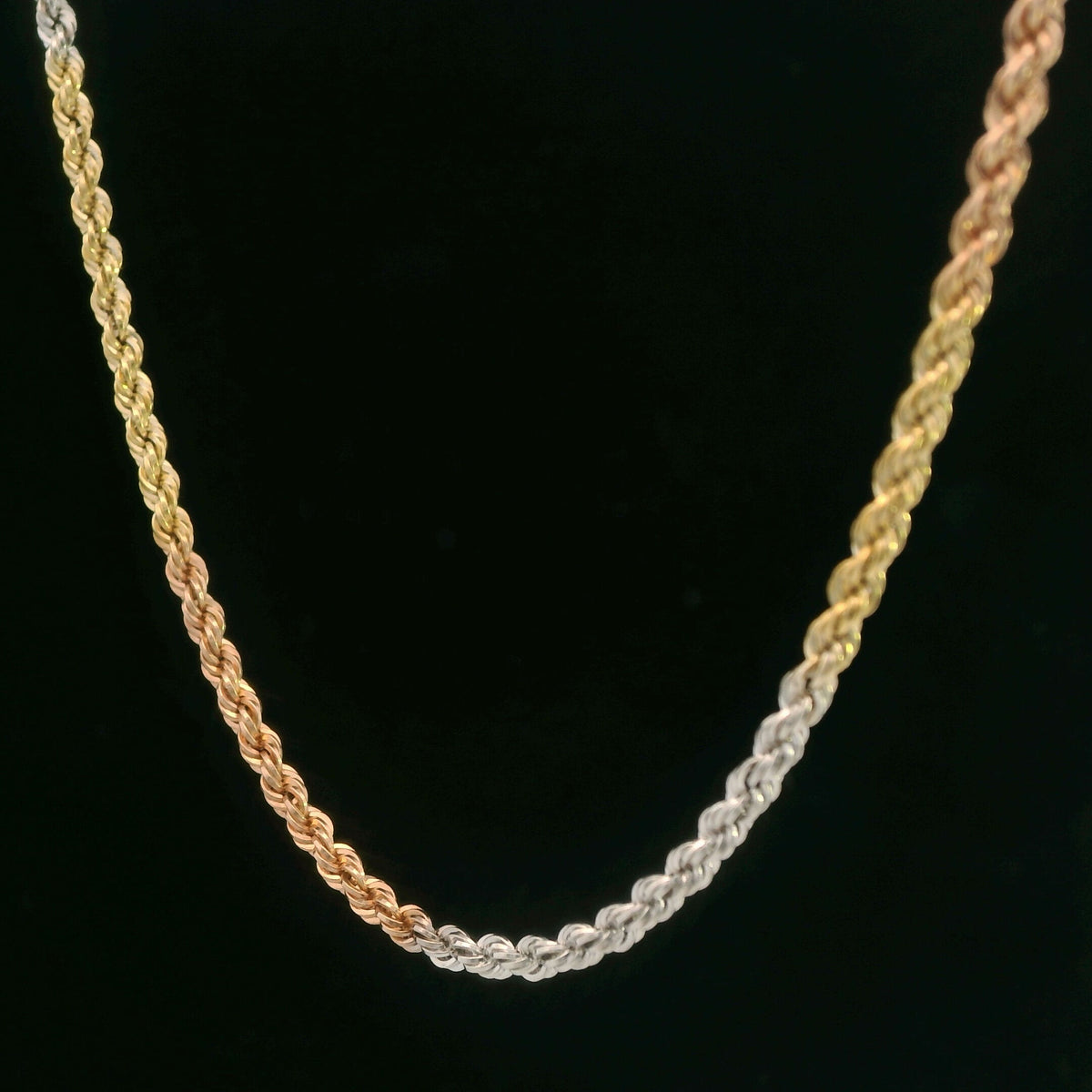 18K Tri-Color Gold Italian Rope Chain - 16" Necklace, Polished Classic