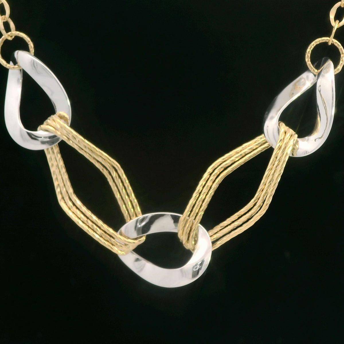 18K White-and-Yellow Gold Italian Two-Tone Fashion Link Necklace Polished