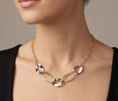 18K White-and-Yellow Gold Italian Two-Tone Fashion Link Necklace Polished