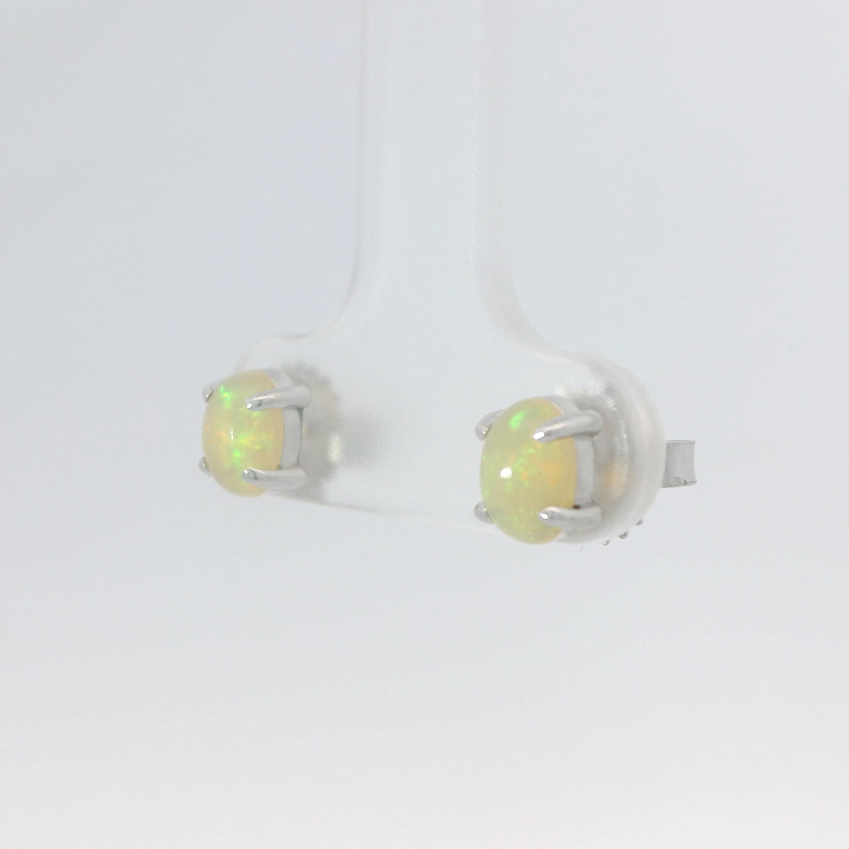 14K White Gold 0.80 CTW Round Opal Cabochon Solitaire Dainty Stud Earrings