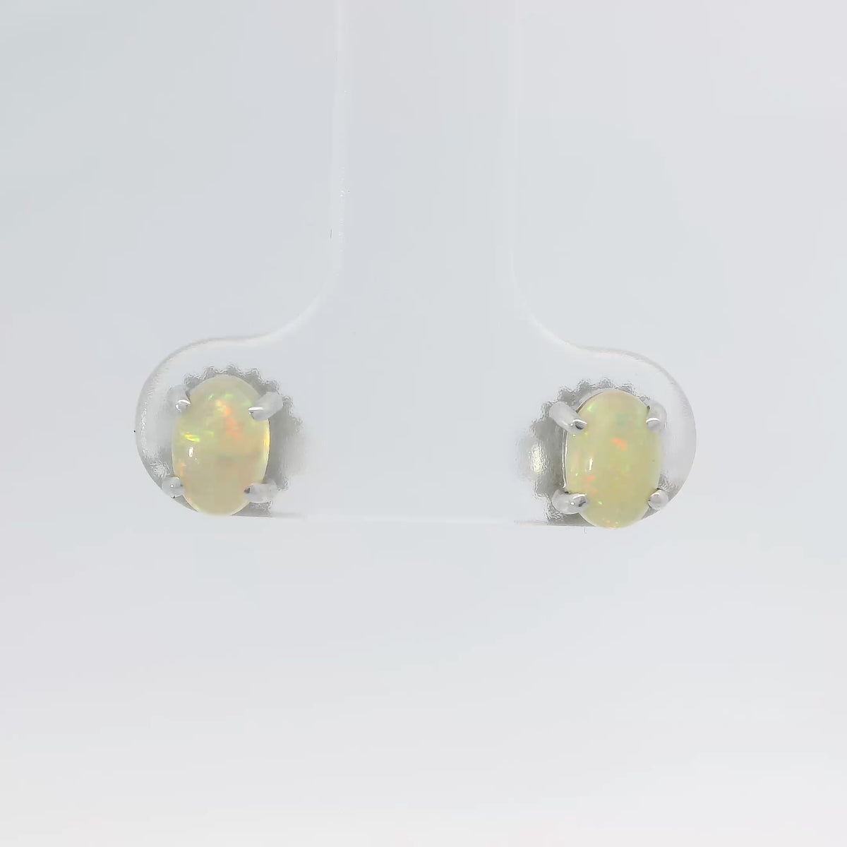 14K White Gold 0.80 CTW Round Opal Cabochon Solitaire Dainty Stud Earrings
