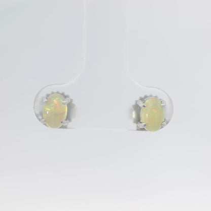 14K White Gold 0.80 CTW Round Opal Cabochon Solitaire Dainty Stud Earrings