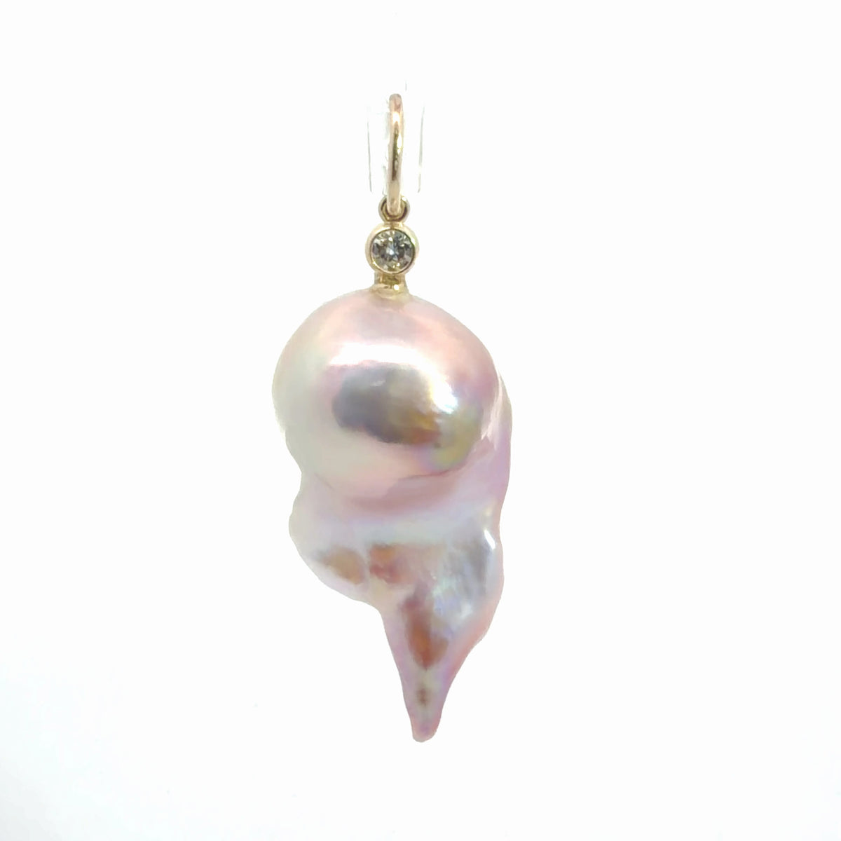 14K Yellow Gold Natural Colored Assymetrical Pearl Pendant w/ Diamond Accent