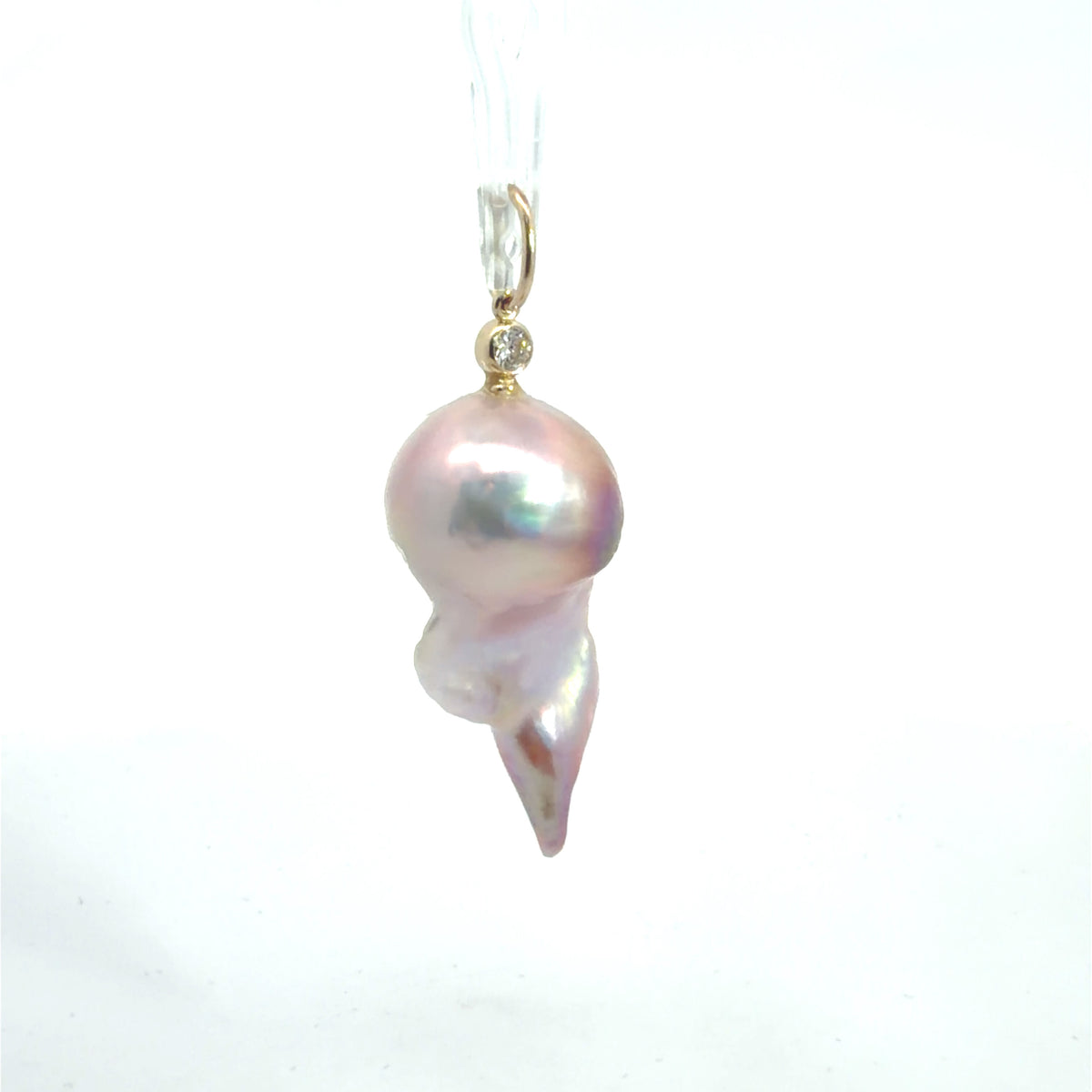 14K Yellow Gold Natural Colored Assymetrical Pearl Pendant w/ Diamond Accent