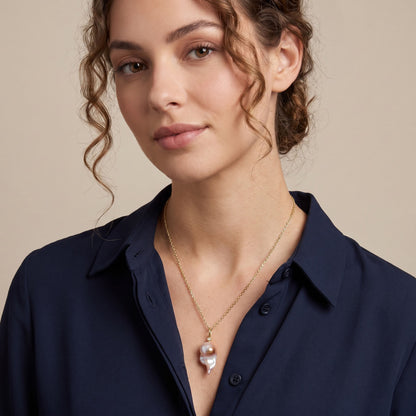14K Yellow Gold Natural Colored Assymetrical Pearl Pendant w/ Diamond Accent