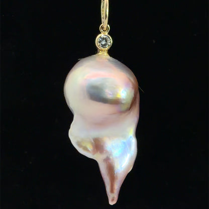 14K Yellow Gold Natural Colored Assymetrical Pearl Pendant w/ Diamond Accent