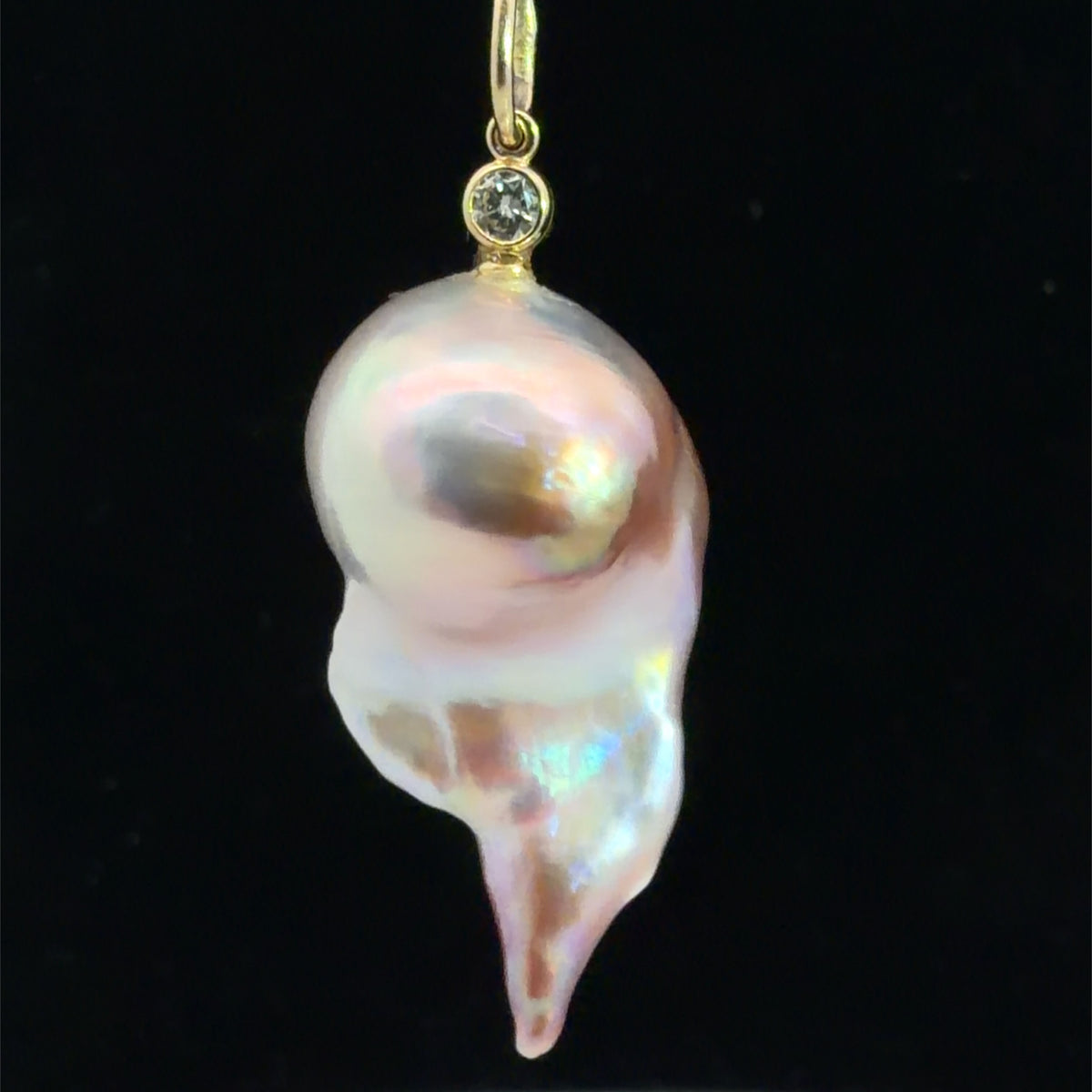 14K Yellow Gold Natural Colored Assymetrical Pearl Pendant w/ Diamond Accent