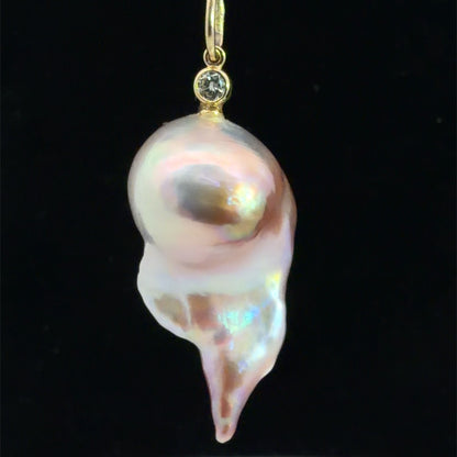 14K Yellow Gold Natural Colored Assymetrical Pearl Pendant w/ Diamond Accent