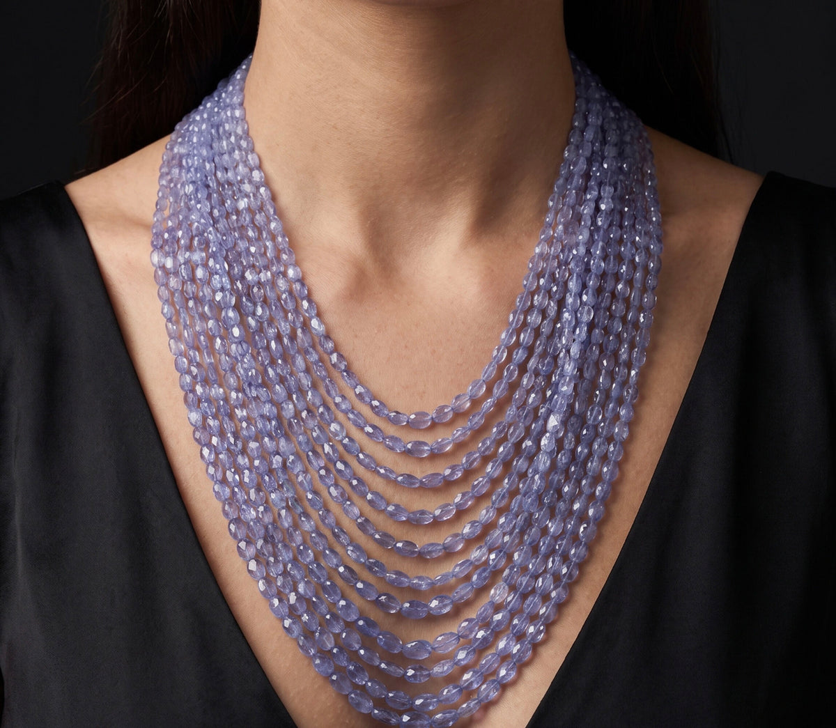 Tanzanite Graduated 14 Strand Cascading Bead Necklace,  Slide Cord Adjustable Length