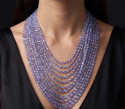 Tanzanite Graduated 14 Strand Cascading Bead Necklace,  Slide Cord Adjustable Length