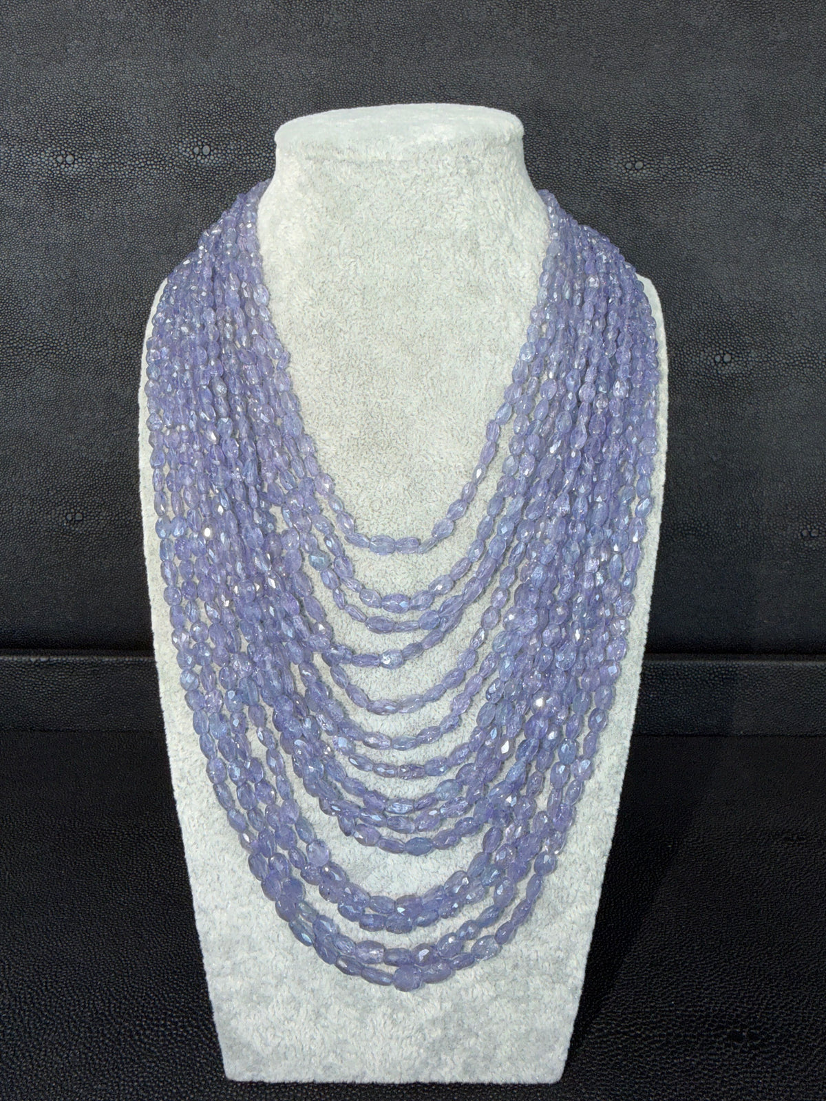 Tanzanite Graduated 14 Strand Cascading Bead Necklace,  Slide Cord Adjustable Length