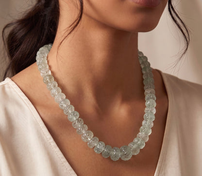 Aquamarine Graduated Carved Bead Necklace, Slide Cord, 17-38 Inches Adjustable Length