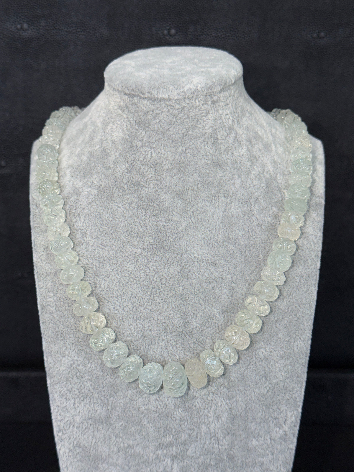 Aquamarine Graduated Carved Bead Necklace, Slide Cord, 17-38 Inches Adjustable Length