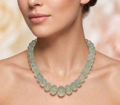 Aquamarine Graduated Carved Bead Necklace, Slide Cord 22-38 Inches Adjustable Length