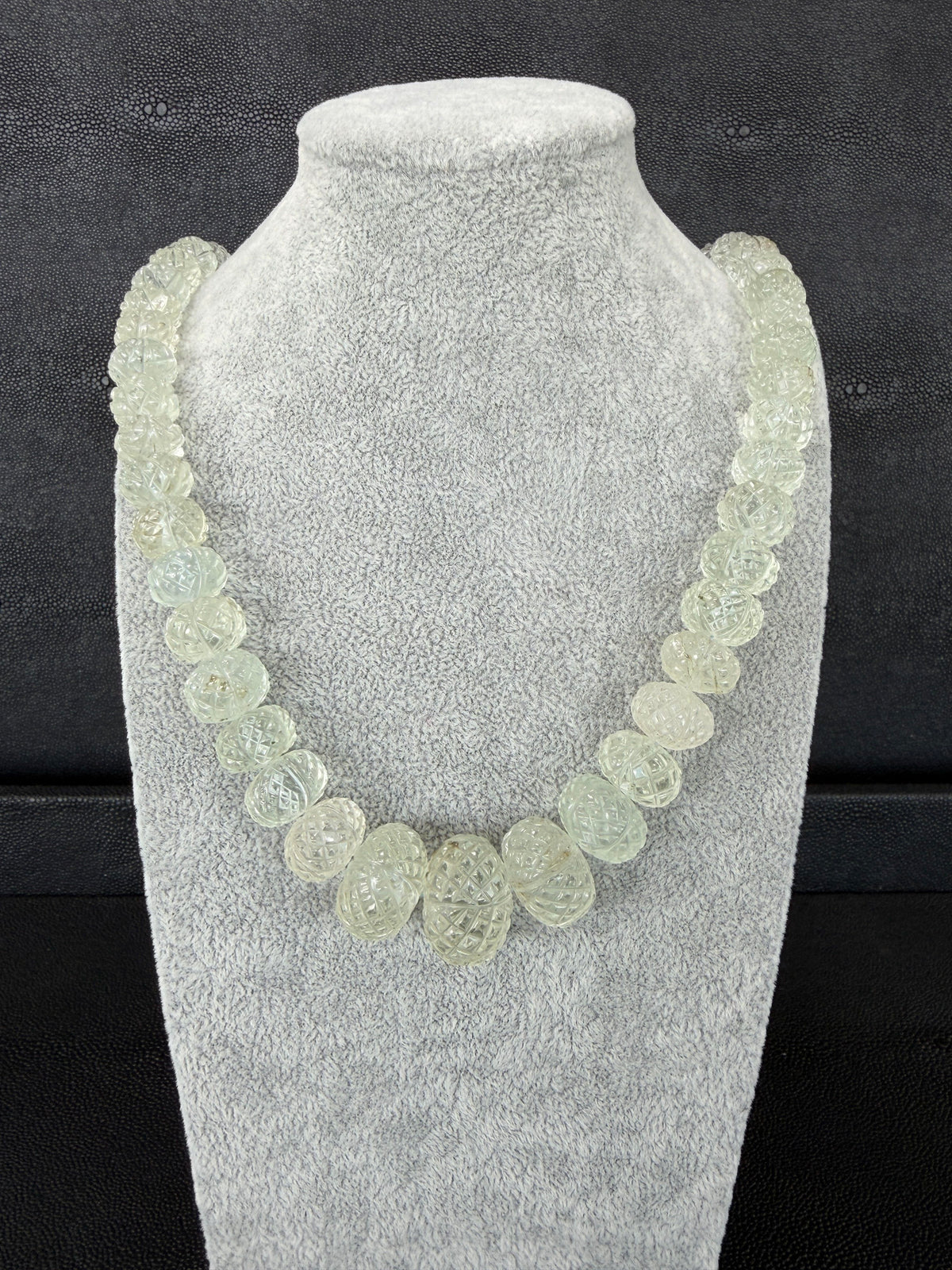 Aquamarine Graduated Carved Bead Necklace, Slide Cord 22-38 Inches Adjustable Length