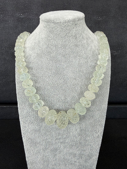 Aquamarine Graduated Carved Bead Necklace, Slide Cord 22-38 Inches Adjustable Length