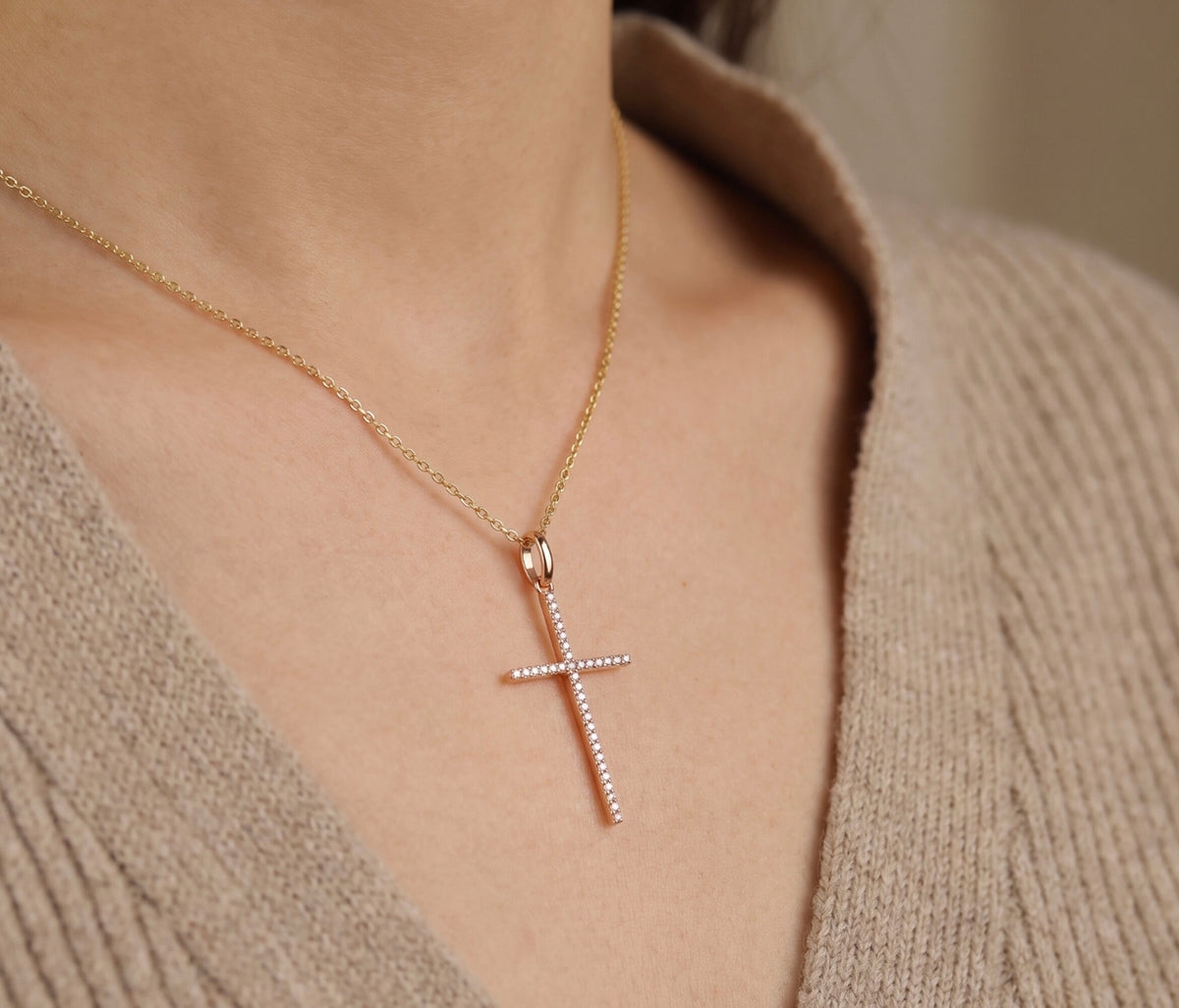 18K Yellow Gold Diamond Pave Cross Pendant 0.07 CTW Dainty Sparkling Charm