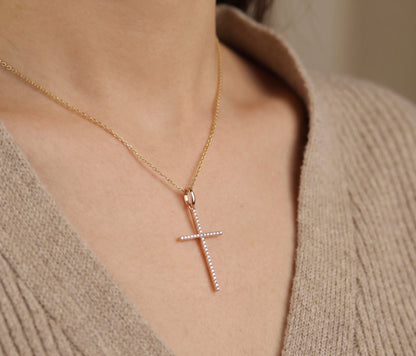 18K Yellow Gold Diamond Pave Cross Pendant 0.07 CTW Dainty Sparkling Charm
