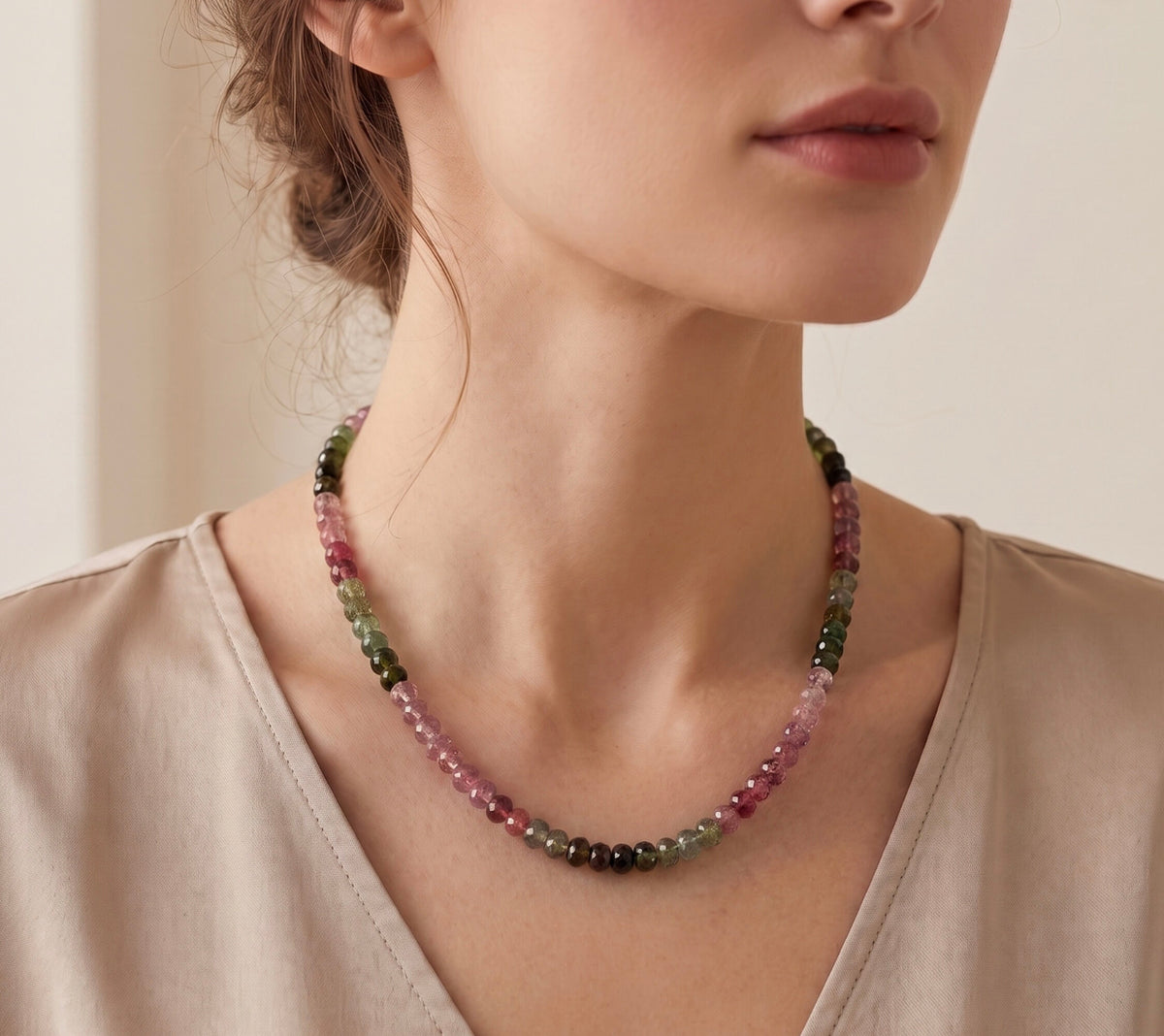 925 Sterling Silver Multi-Color Faceted Tourmaline Graduated Beaded Necklace
