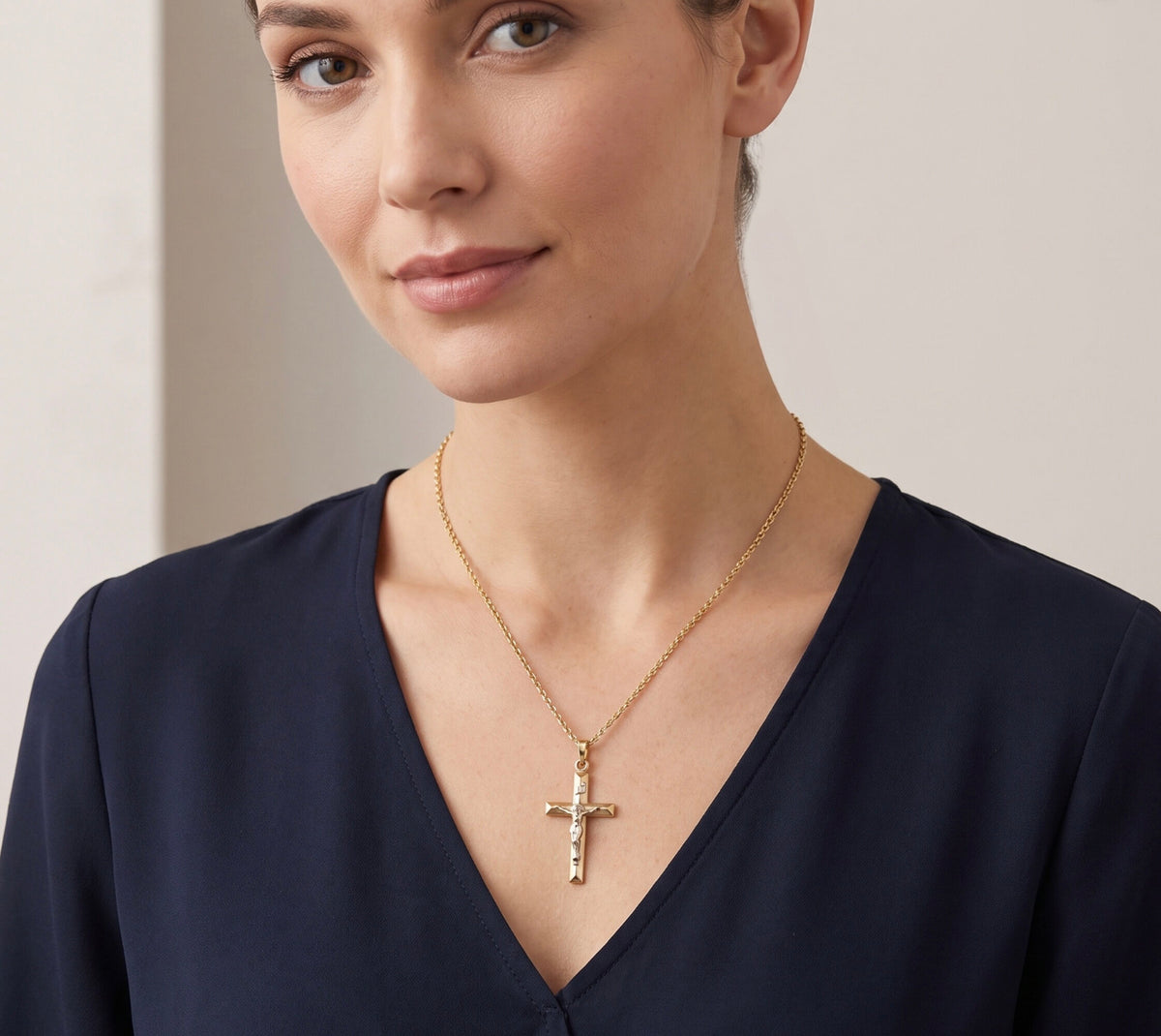 14K White-and-Yellow Gold Cross Pendant on 14K Yellow Gold Chain 16-inch