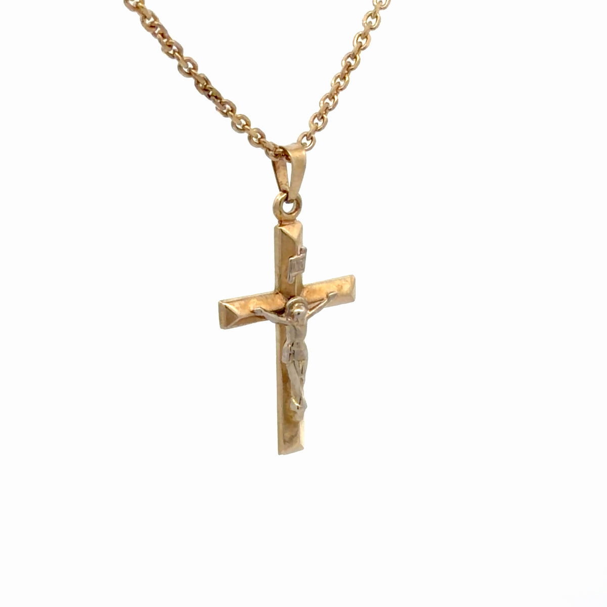 14K White-and-Yellow Gold Cross Pendant on 14K Yellow Gold Chain 16-inch