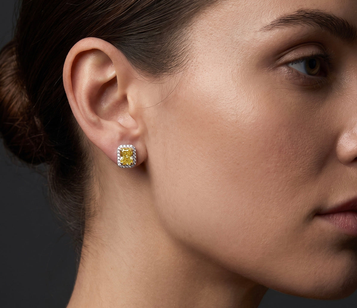 14K White Gold Yellow Zircon & Lab Grown Diamond Screw Back Stud Earrings