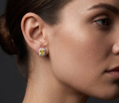 14K White Gold Yellow Zircon & Lab Grown Diamond Screw Back Stud Earrings