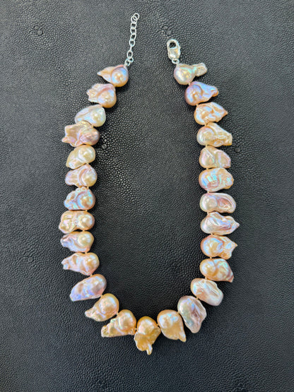 Natural Colored Asymmetrical Pearl Necklace, Sterling Silver Clasp & Chain