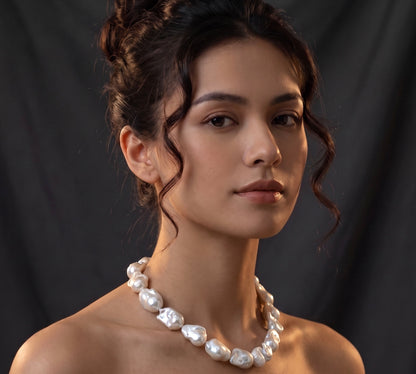 White Asymmetrical Pearl Necklace, Cultured Pearls, Knotted Sterling Silver