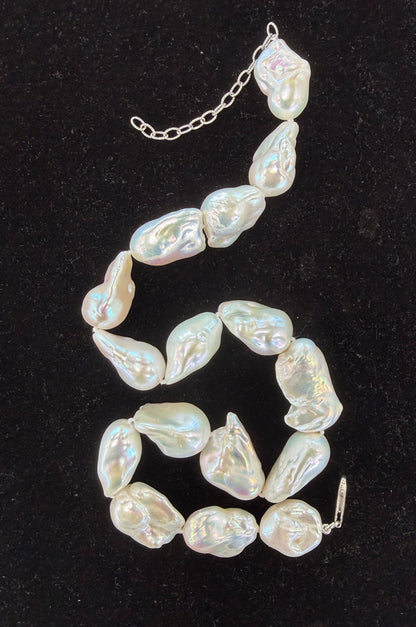 White Asymmetrical Pearl Necklace, Cultured Pearls, Knotted Sterling Silver