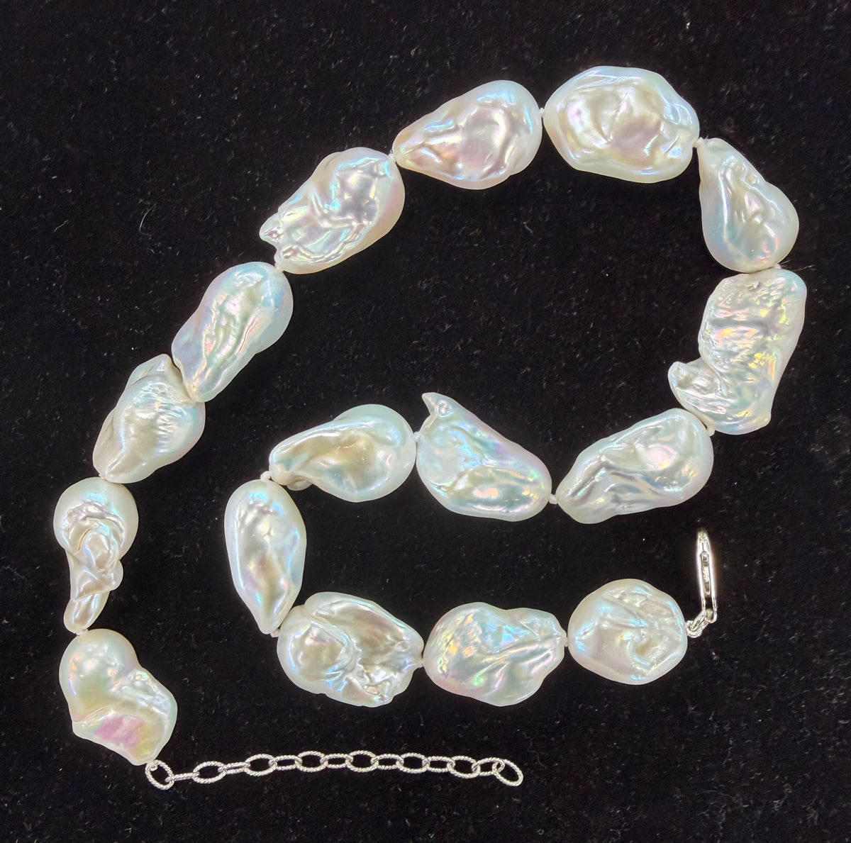 White Asymmetrical Pearl Necklace, Cultured Pearls, Knotted Sterling Silver