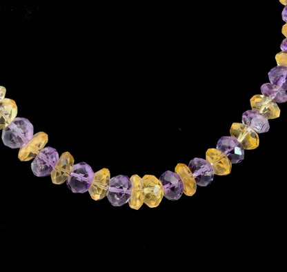 Faceted Amethyst & Citrine Beaded Necklace, Knotted, Sterling Silver Clasp