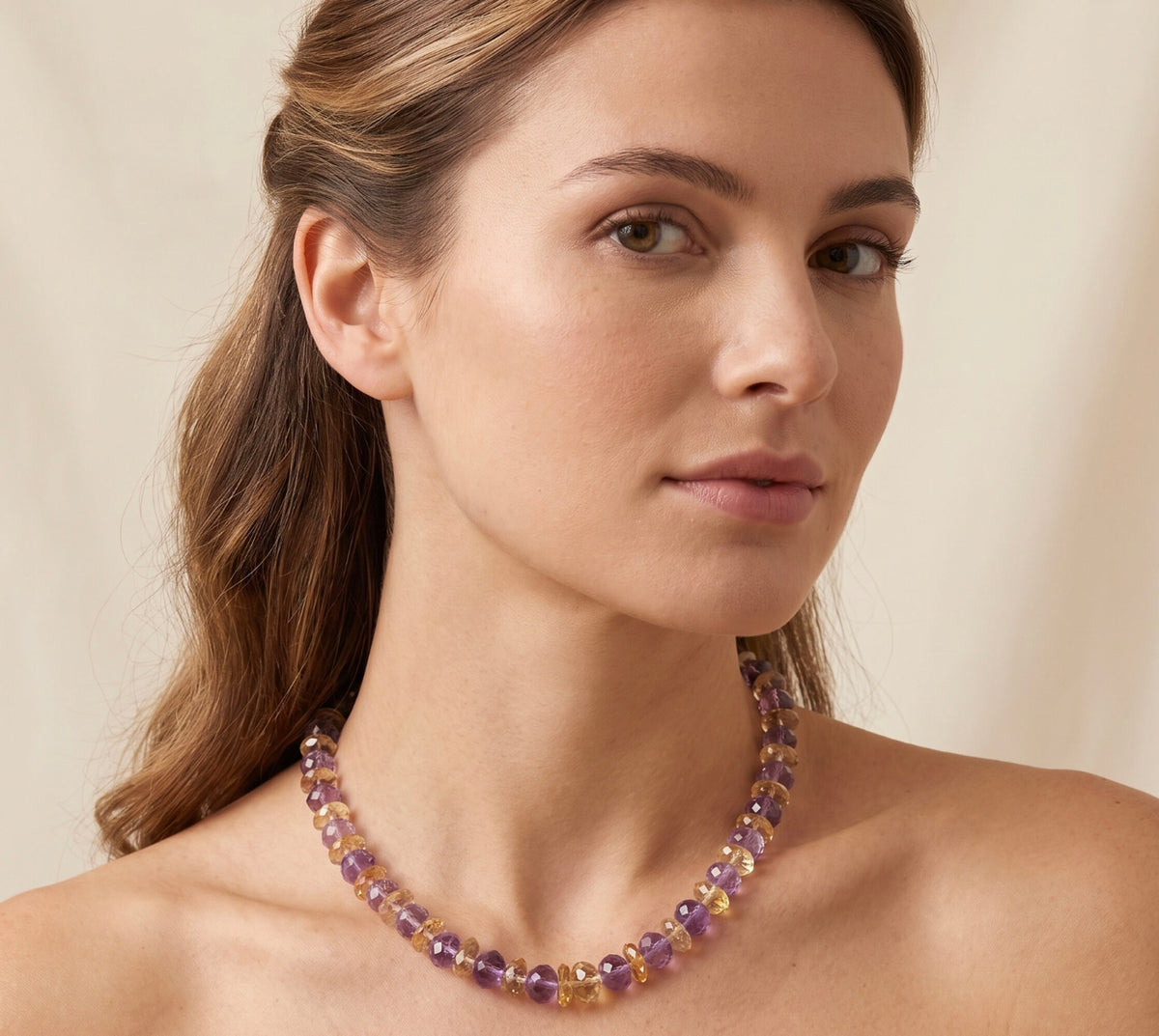 Faceted Amethyst & Citrine Beaded Necklace, Knotted, Sterling Silver Clasp