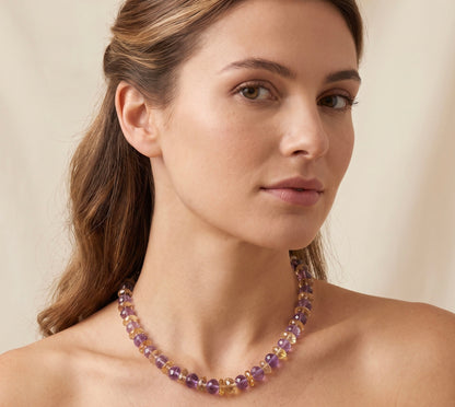 Faceted Amethyst & Citrine Beaded Necklace, Knotted, Sterling Silver Clasp